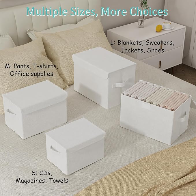 Storage Bins with Lids for Organizing, Closet Boxes with 2 Carrying Handles and Sturdy Heavy Cardboard, Home Organizers Cubes, 2 Pack, White, 15 x 9.8 x 9.8 In, XSNY12WL-2