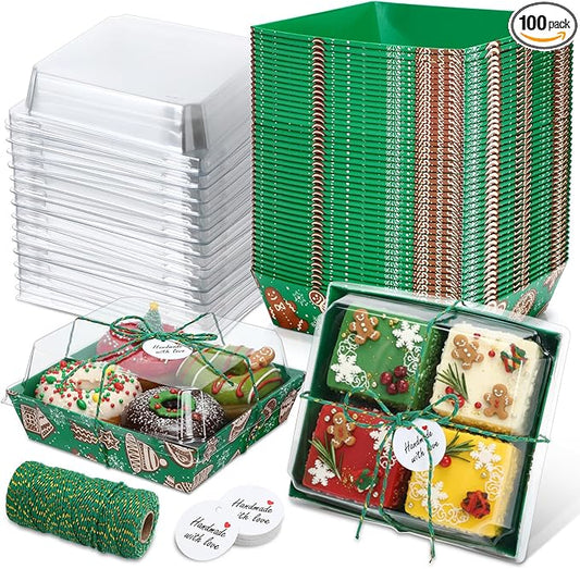 Outus 100 Pack Charcuterie Boxes with Clear Lids, 5.7 x 5.1 '', Mother 's Day Back to School Paper Food Containers Cake Take out Bakery Boxes with Gift Tags Rope for Desserts(Green,Brown,Christmas)