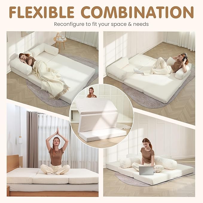 Convertible Sofa Bed Queen,5-in-1 Tri-Fold Boneless Couch with Removable Armrests & Handle,Corduroy Futon Sleeper Sofa,Floor Folding Mattress Pull Out Bed for Small Space Apartment Living Room Bedroom