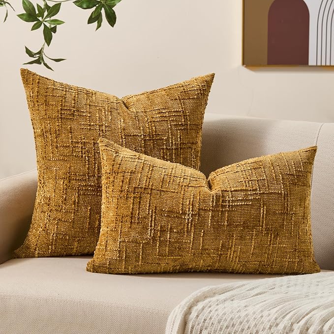 Summer Decorative Couch Throw Pillow Covers 12x20 Set of 2 Yellow Soft Chenille Pillow Covers Neutral Textured Boho Cushion Covers for Modern Farmhouse Sofa Bedroom Living Room Decor SY008-C12