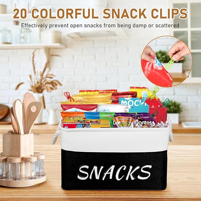 Snack Organizer for Pantry, Decorative Snack Basket with 10pcs Chip Clips, Snack Organizer for Desktop, Collapsible Snack Storage Basket Pantry Shelf, Office, Kitchen and More (Black, Medium-2 Pack)