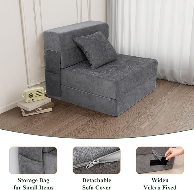 HOMFINE Folding Sofa Bed - Convertible Sleeper Chair with Pillow, Fold Out Couch, Memory Foam Floor Mattress, Futon Couch, Lazy Sofa for Living Room/Dorm/Guest Room/Home Office, Single, Grey