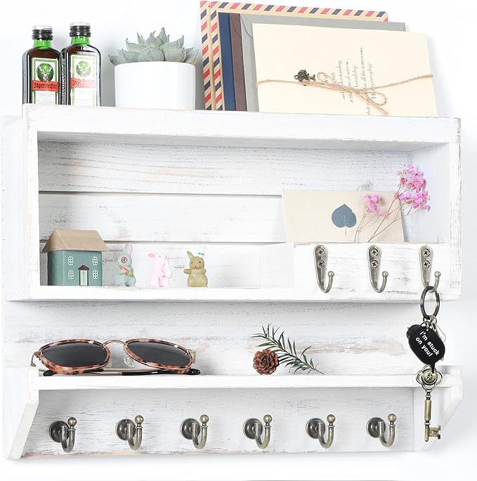 Innovation Premium Pine Wood Key Holder for Wall - Handcrafted Mail Organizer & Wall Mount Key Holder with 9 Sturdy Hooks, Finely Sanded & Hand-Sprayed Entryway Decor, Ivory