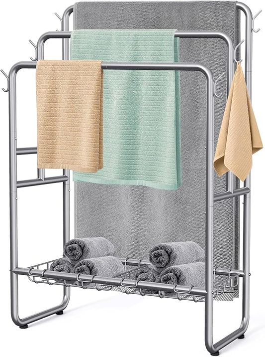Kayfia 40" Tall Standing Towel Rack for Extra Large Towel, 3 Tier Floor Towel Stand with Storage Basket & Hook, Freestanding Blanket Ladder Display and Drying Rack for Bathroom Living Room