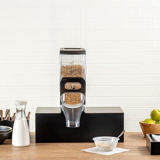 Restaurantware Cereal Dispenser 2 gal Plastic Gravity Bin Candy Dispenser Self-Serve Black Dry Food with Stand for Breakfast Buffet or Hotel Use