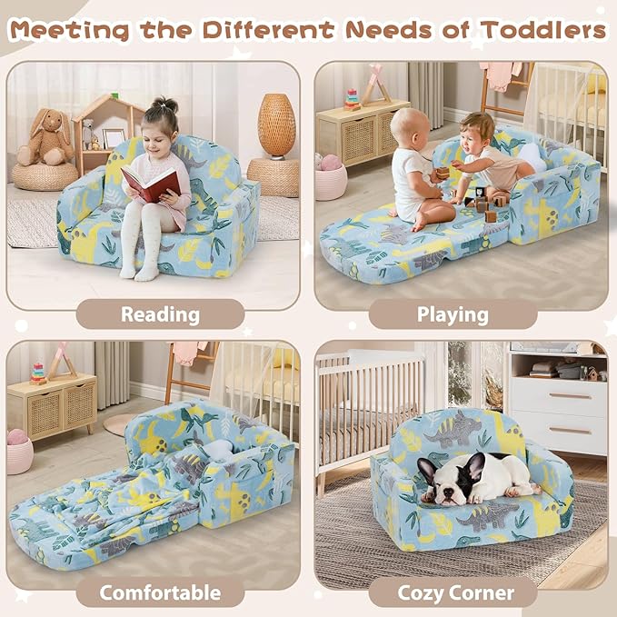 Extra Wide Kids Couch, 2-in-1 Soft Toddler Couch with Blanket, Glow in The Dark, Comfy Toddler Chair with Cloud Pillow, Convertible Sofa, Dinosaur