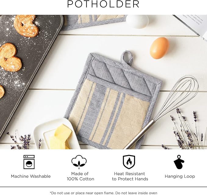 DII 100% Cotton Solid Chambray Kitchen Set, Potholders, Blue, 2 Piece