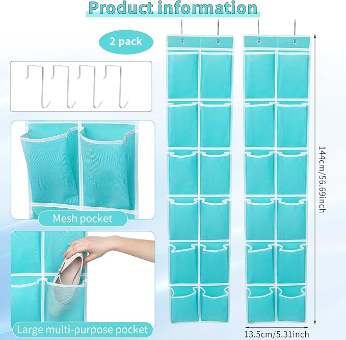 2PK Over the Door 12 Large Pockets Hanging Shoe Organizer, Turquoise