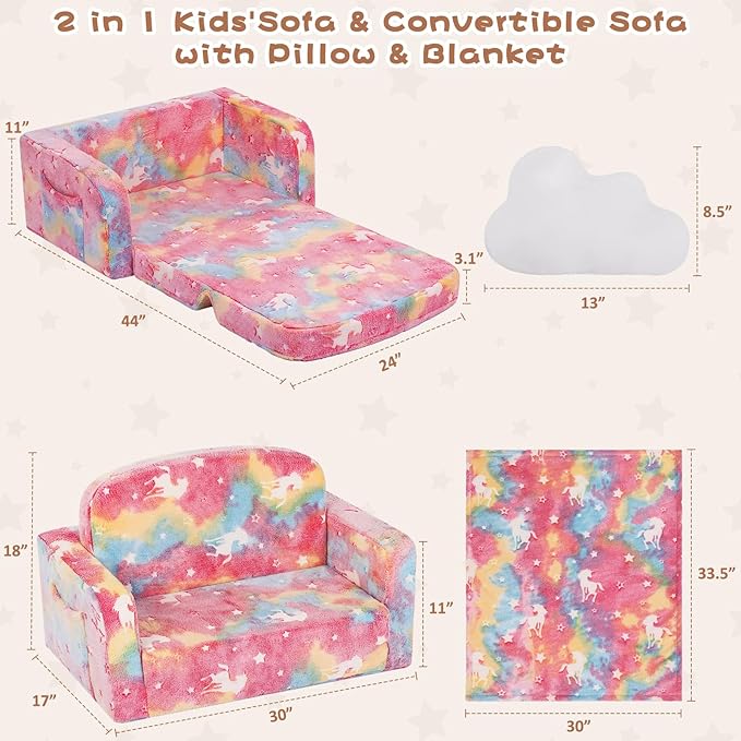 Extra Wide Kids Couch, Kids Sofa, Toddler Sofa, Glow in The Dark, 2-in-1 Soft Toddler Couch with Blanket and Pillow, Pink
