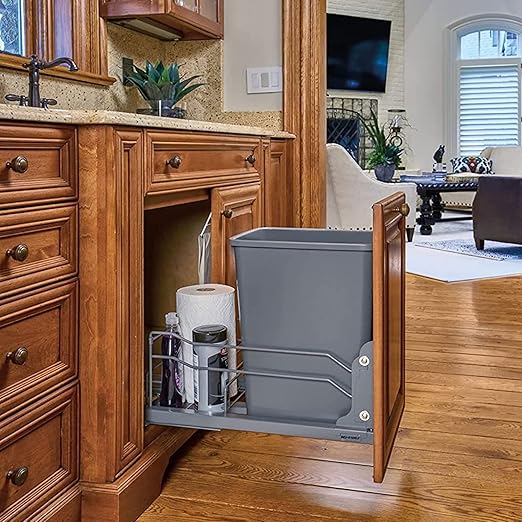 Rev-A-Shelf Pullout Trash Can for Under Kitchen Cabinets 35 Qt. 8.75 Gallon with Soft-Close Slides and Rear Storage, Orion Gray, 53WC-1535SCDM-113