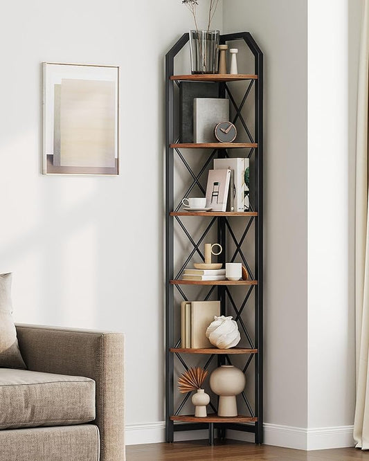 6-Tier Corner Shelf, Industrial Corner Bookshelf, 71.2" Corner Storage Stand, Plant Stand Display Shelf, Corner Bookcase for Bedroom, Living Room, Home Office, Rustic Brown and Black TCJ11BF