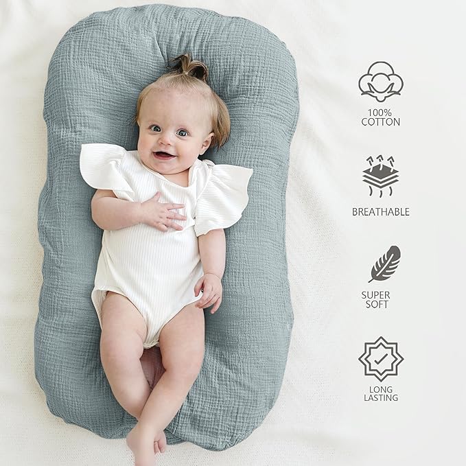 Muslin Baby Cover for Newborn, Soft and Breathable 100% Cotton Lounger Slipcover Neutral, Pack of 2(Blue, Grey)