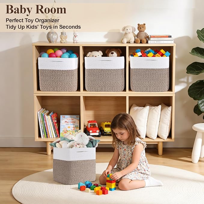 Storage Cubes 11 Inch Storage Baskets for Shelves, Set of 4 Cotton Rope Woven Baskets for Organizing, Cube Storage Square Bins for Toy, Playroom Decor, Classroom, Closet, White+brown