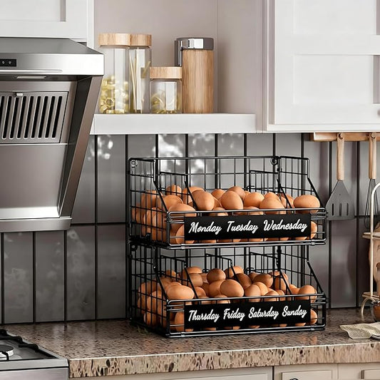 Egg Basket for Countertop, Egg Holder Countertop with 5 Dividers & Labels, 2 Tier Stackable Wire Storage Baskets to Keep Eggs Organized, Optimized Height Egg Storage for Coutertop Cabinet, Black
