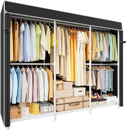 E14C Pro Heavy Duty Closet Organizer System，Freestanding Clothing Racks for Hanging Clothes，Adjustable Garment Rack 70.1"W × 16.6"D × 76.4"H Hold 960 lbs，White Rack with Black Dustproof Cover