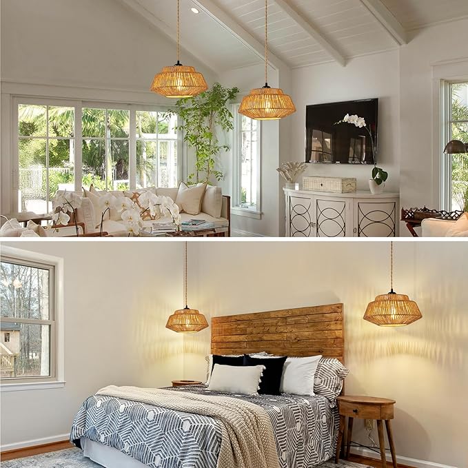 Hanging Lamp Plug in Pendant Light - Boho Hanging Light 11.8 inch Rattan Pendant Lights for Ceiling Dimmable Hanging Lamps for Living Room Bedroom Kitchen Farmhouse with 23ft Cord