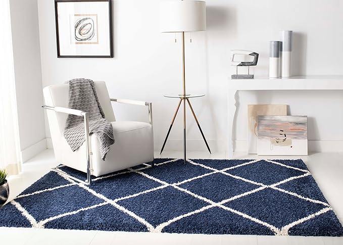 SAFAVIEH Hudson Shag Collection Area Rug - 6' x 9', Navy & Ivory, Modern Diamond Trellis Design, Non-Shedding & Easy Care, 2-inch Thick Ideal for High Traffic Areas in Living Room, Bedroom (SGH281C)