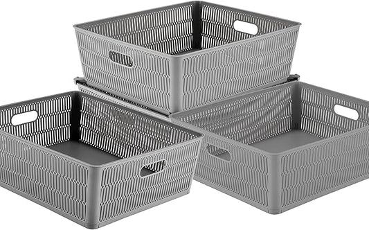 Simplify 4Pk Shallow Slide 2 Stack It Tote Basket | Storage & Organization | Open Bins with Stackable Capability | Bathroom | Crafts | Pantry | Playroom | Office | Grey (KIT-25933-GREY-4PK)