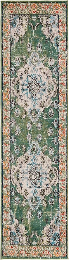 SAFAVIEH Monaco Collection Runner Rug - 2'2" x 18', Forest Green & Light Blue, Non-Shedding & Easy to Clean, Distressed Medallion Design, Ideal for Hallway, Foyer, Entryway, Kitchen, Bedroom (MNC243F)