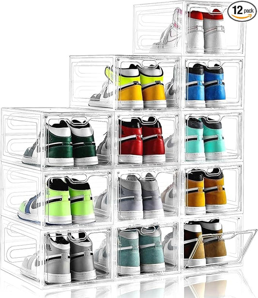 12 Pack Large Shoe Storage Box, Clear Shoe Storage Organizer with Magnetic Door, Stackable,Shoe Containers For Display Sneakers, Easy Assembly, Fit up to US Size 12, Clear