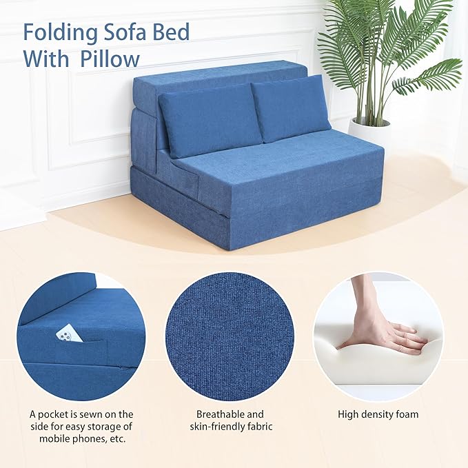 Folding Sofa Bed Chair with Pillow,Convertible Fold Out Chair Bed Sleeper,Foam Floor Mattress, Foldable Futon Couch Bed for Living Room/Dorm/Guest/Office (Blue, Twin XL)