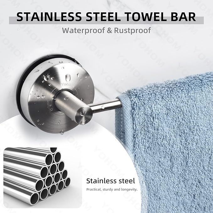 YOHOM Suction Cup Towel Bar for Shower 22 Inch Stainless Steel Bathroom Hand Towel Holder Suction Washcloth Holder Kitchen Towel Rack for Glass Shower Door Removable Towel Rod Rail Brushed Wall Mount