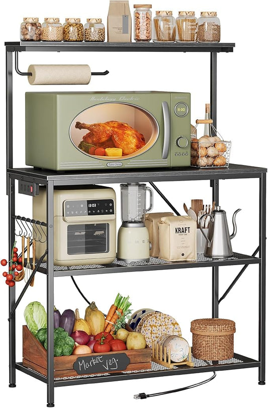 Huuger 4-Tier Bakers Rack with Reversible Power Outlet, 31.5 Inch Microwave Stand with Paper Towel Holder, Kitchen Bar, Larger Storage with Top Shelf, 6 S Hooks, Black
