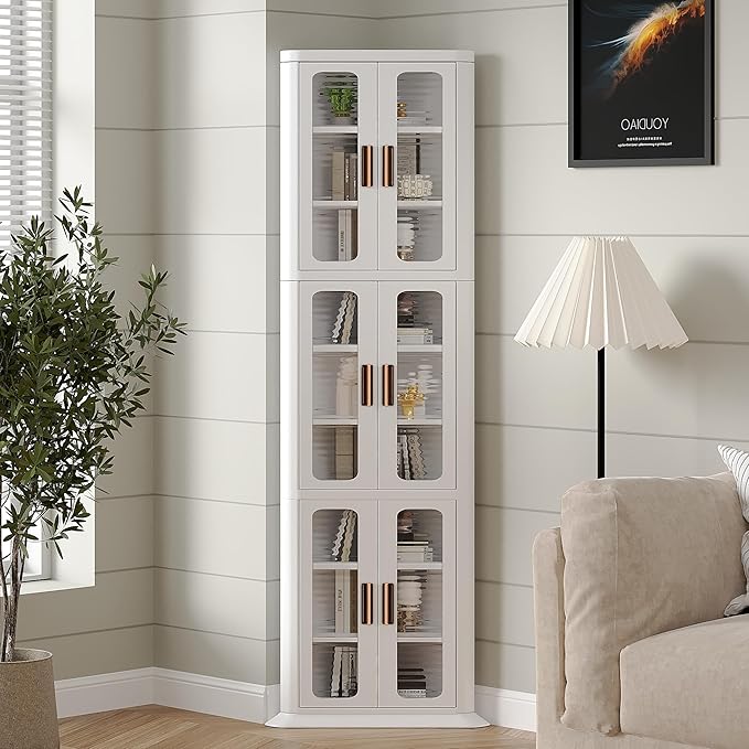 VECELO 3-Tier Tall Corner Cabinet with Doors & Adjustable Shelves, Waterproof & Dustproof, Easy to Clean, Anti-tip, Space Saving, Corner Storage Cabinet for Kitchen, Living Room, Bathroom, White
