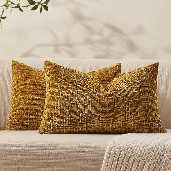 Summer Decorative Couch Throw Pillow Covers 12x20 Set of 2 Yellow Soft Chenille Pillow Covers Neutral Textured Boho Cushion Covers for Modern Farmhouse Sofa Bedroom Living Room Decor SY008-C12