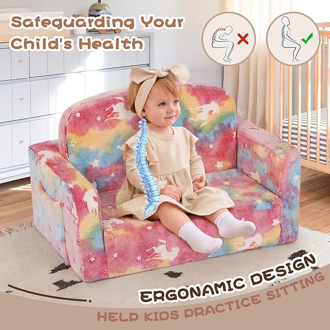 Extra Wide Kids Couch, Kids Sofa, Toddler Sofa, Glow in The Dark, 2-in-1 Soft Toddler Couch with Blanket and Pillow, Pink