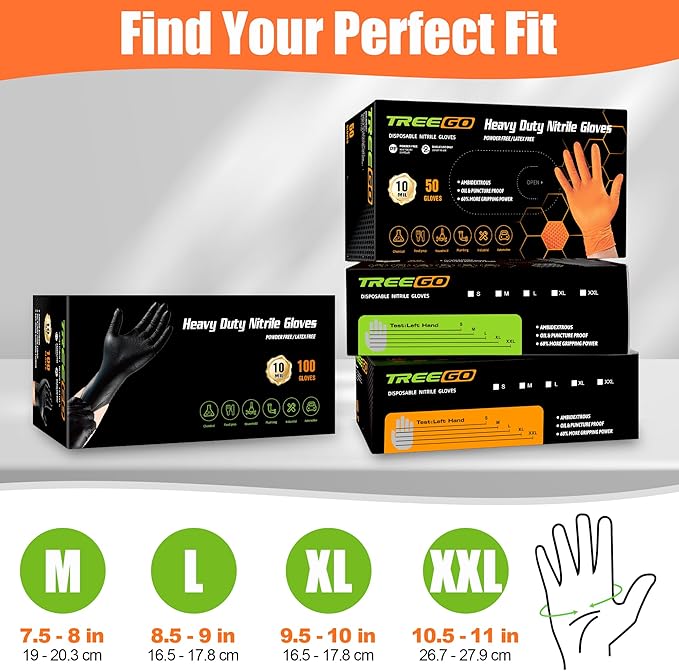TREEGO 10 Mil Black Nitrile Gloves Heavy Duty — Raised Diamond Texture Grip, Latex Free Disposable Mechanic Work Gloves, Large, 100 Count