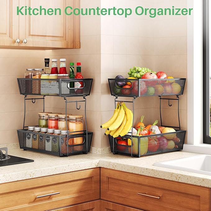 2 Tier Fruit Basket Bowl for Kitchen Counter with 2 Banana Hangers, Countertop Metal Mesh Basket Stand Fruit Holder for Veggies Onion Potato Bread Snack, 2 Pack