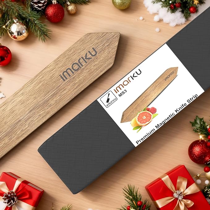 imarku Magnetic Knife Holder for Wall - 16 Inch Acacia Wood Magnetic Knife Strip with Powerful Magnet, Knife Magnetic Strip for Kitchen Utensil Organizer with 4 Hooks, Natural Acacia