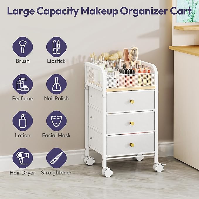 SWTYMIKI Rolling Makeup Organizer Cart - Floor Skincare Make Up Storage with 3 Non-woven Drawers, Vanity Organizer Cosmetic Display Cases Cabinet for Skin Care Perfume Nail Polish Brush Hair Tool