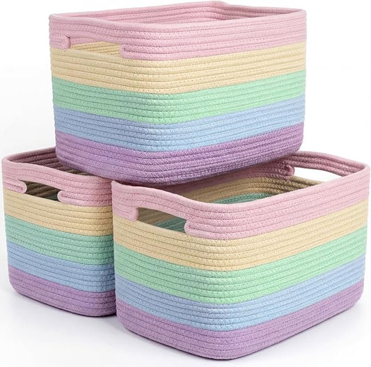 Storage Baskets for Organizing, 14 x 10 x 9” Closet Shelf Woven Baskets, Square Bins with Handles, Cotton Rope Basket for Toys, Clothes, Office, Room, Rainbow 3 Pack