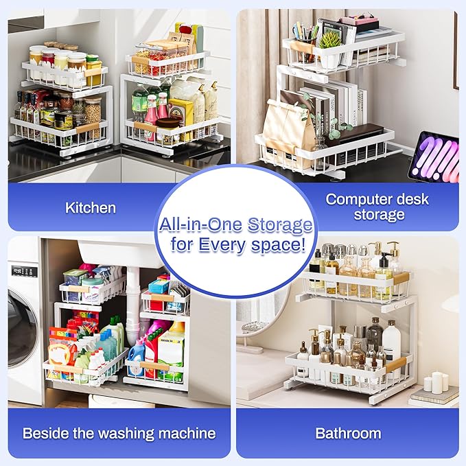 ADBIU Under Sink Organizer, 2 Pack 2 Tier Expandable Height (13.2" - 17.2") Pulling Out Kitchen Bathroom Cabinet Organizers (White, Large Size)