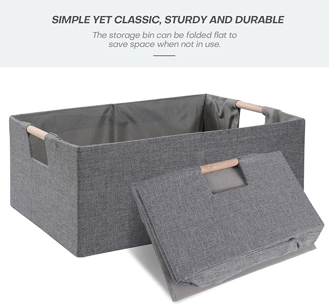ANMINY 6PCS Storage Baskets for Organizing Collapsible Fabric Storage Bins Boxes with Wood Handles Closet Shelves Cube Organizer Bins Clothes Laundry Storage Container - Small, Gray