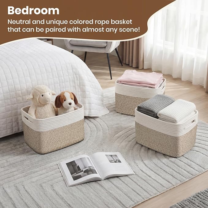 Storage Baskets for Organizing, 14 x 10 x 9” Closet Shelf Woven Baskets, Square Bins with Handles, Cotton Rope Basket for Toys, Clothes, Office, Room, White+Rice Brown 1 Pack