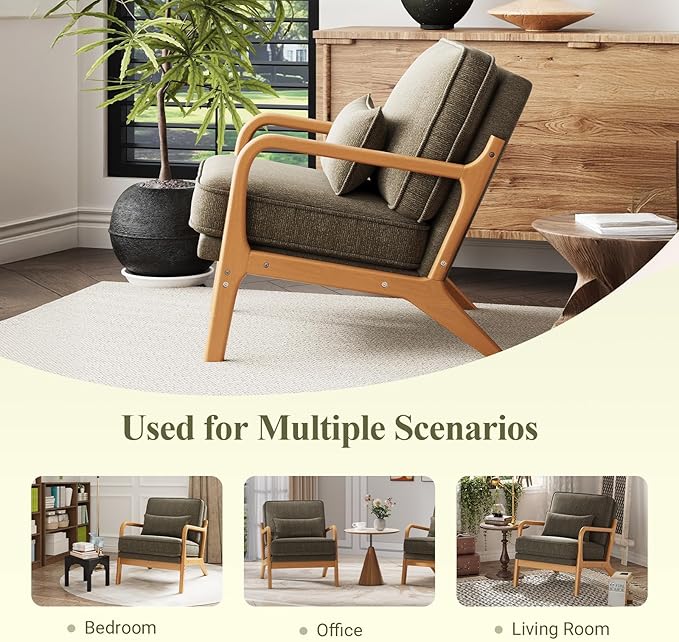 Accent Chair with Solid Wood Frame, Mid-Century Relaxing Armchair Lumbar Pillow& Soft Cushion, Reading Leisure Chair for Living Room, Bedroom, Waiting Room-Green