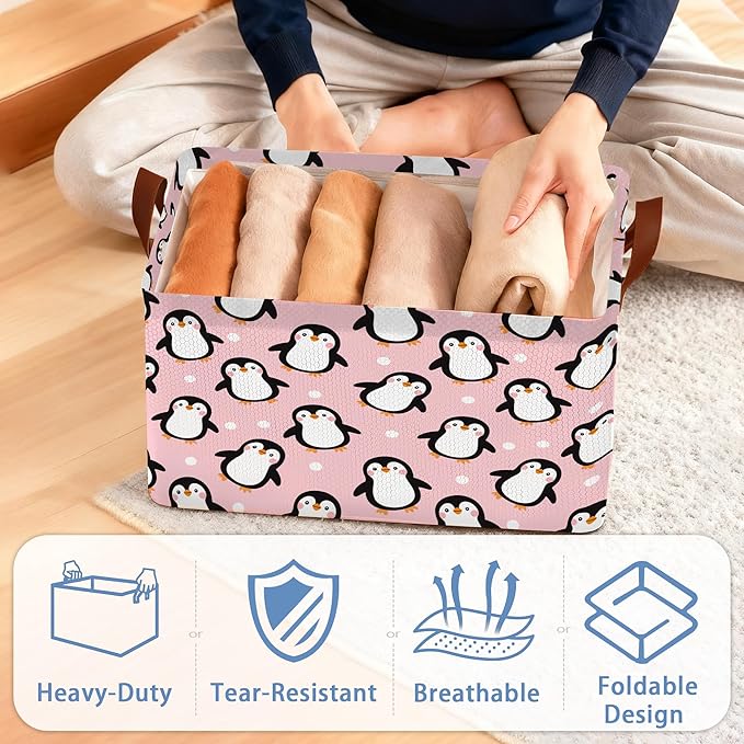 Cute Penguin Collapsible Storage Box,Organizer Bin with Handles for Room Decoration,Bins Book Basket Box 17x11.5x10Inch