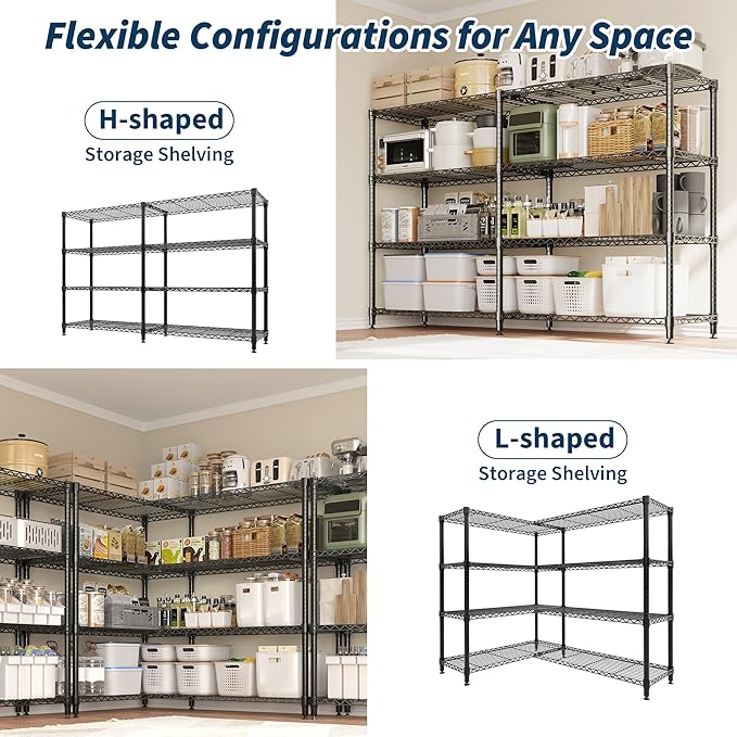 4 Tier Storage Shelving Unit Metal Shelves 59" W Wire Shelving, 59" H L-Shaped Pantry Shelves Kitchen Storage Shelves for Home Commercial Garage Heavy Duty, 59" W x 59.5" H x 13.8" D