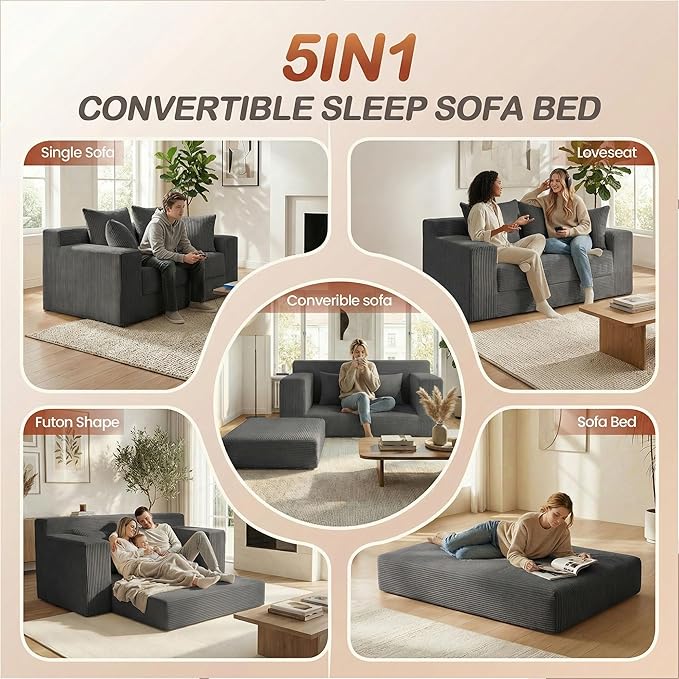 Convertible Sofa Bed, 5 In 1 Small Boneless Couch Pull Out Loveseat Sleeper Sofa,Corduroy Futon Couch Folding Mattress with 4 Pillows for Living Room Bedroom Lounge (No Assembly) (Gray, 58Inch)