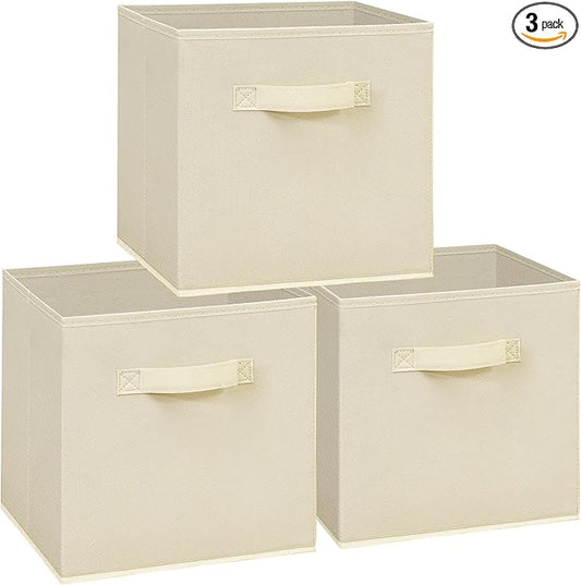 11x11 Storage Bins, Set of 3 Storage Cubes, Collapsible Cube Storage Box, Fabric Closet Organizers with Handles for Home, Office, Closet Shelf Cabinet, Bookcase, Beige