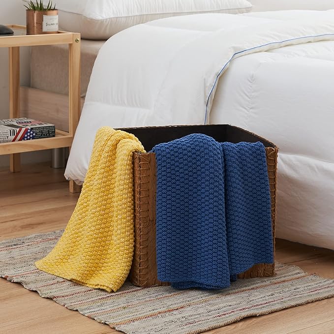 Longhui bedding Blue Knitted Throw Blanket for Couch - Soft, Cozy Machine Washable 100% Cotton Sofa Knit Blankets, Heavy 3.0lb Weight, 51 x 63 Inches, Laundry Bag Included