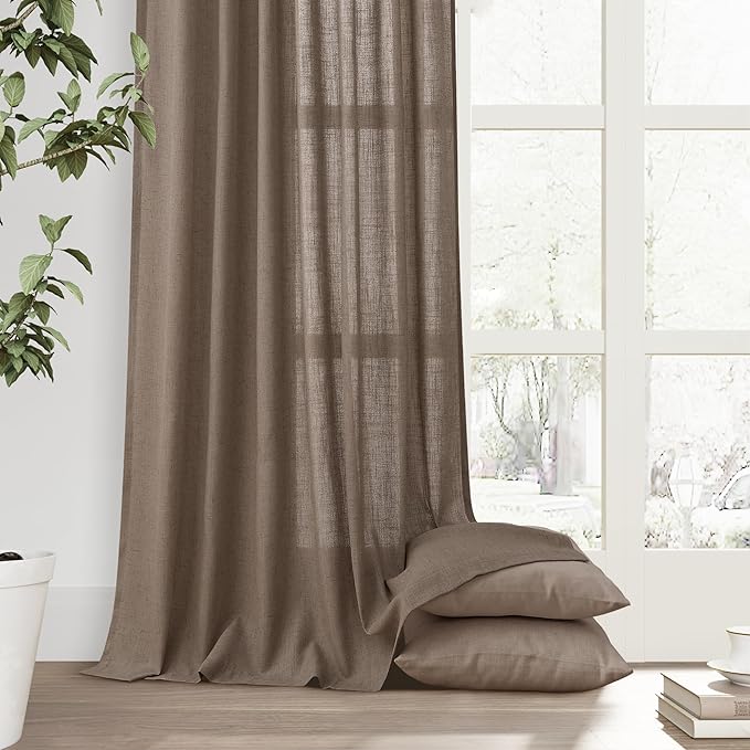 Joywell Light Brown Back Tab Rod Pocket Linen Curtains 102 Inches Long 2 Panels for Living Room Bedroom Neutral Boho Farmhouse Rustic Light Filtering Semi Sheer Curtains Window Treatment 52x102