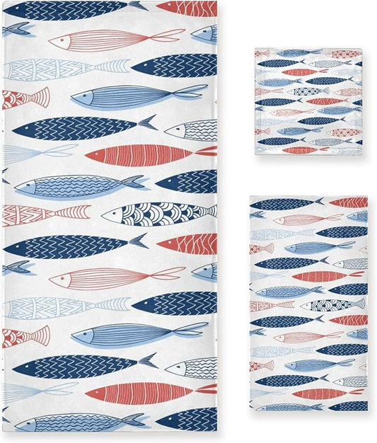 Colorful Fish Bath Towels Set,Absorbent Soft 3 Piece Vintage Nautical Costal Beach Theme Fishes Towels for Bathroom,1 Bath Towel 1 Hand Towel 1 Washcloth,Quick Dry Decoractive Bathroom Towels