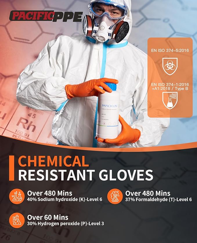 PACIFIC PPE 8 Mil Heavy-Duty Strength Nitrile Gloves, Chemical Resistant, Diamond Texture Industrial Disposable Gloves, Orange, 100PCs, XX-Large