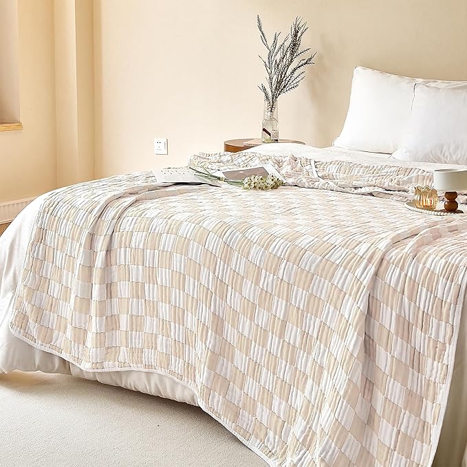100% Cotton Muslin Blanket Cream Checkerboard 6-Layer Gauze King Bed Blanket Lightweight Soft and Breathable Blanket for Couch Bed Coverlet (Cream Checkerboard, King)