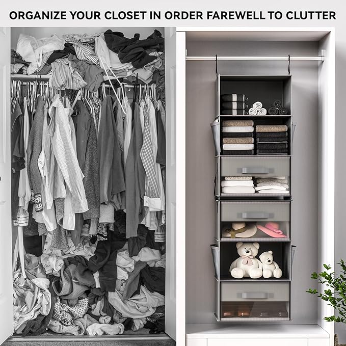 6-Shelf Hanging Closet Organizer with Shelves and Drawers, Modern Style, Hanging Organizer