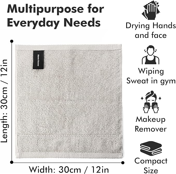 Face Towels Pack of 12 – 100% Cotton Wash Cloths (12x12 inch) – Soft, Quick Dry & Highly Absorbent Hand Towels for Bathroom, Spa, Gym, Kitchen and for Daily Use - (Light Grey)